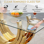 70inch Luxury Dining Table for 4 6, Modern Glass Kitchen Dining Room Table with Gold Mirrored Steel Base,Large Rectangle Tempered Glass Top Dinner Tables for Kitchen, Dining Room