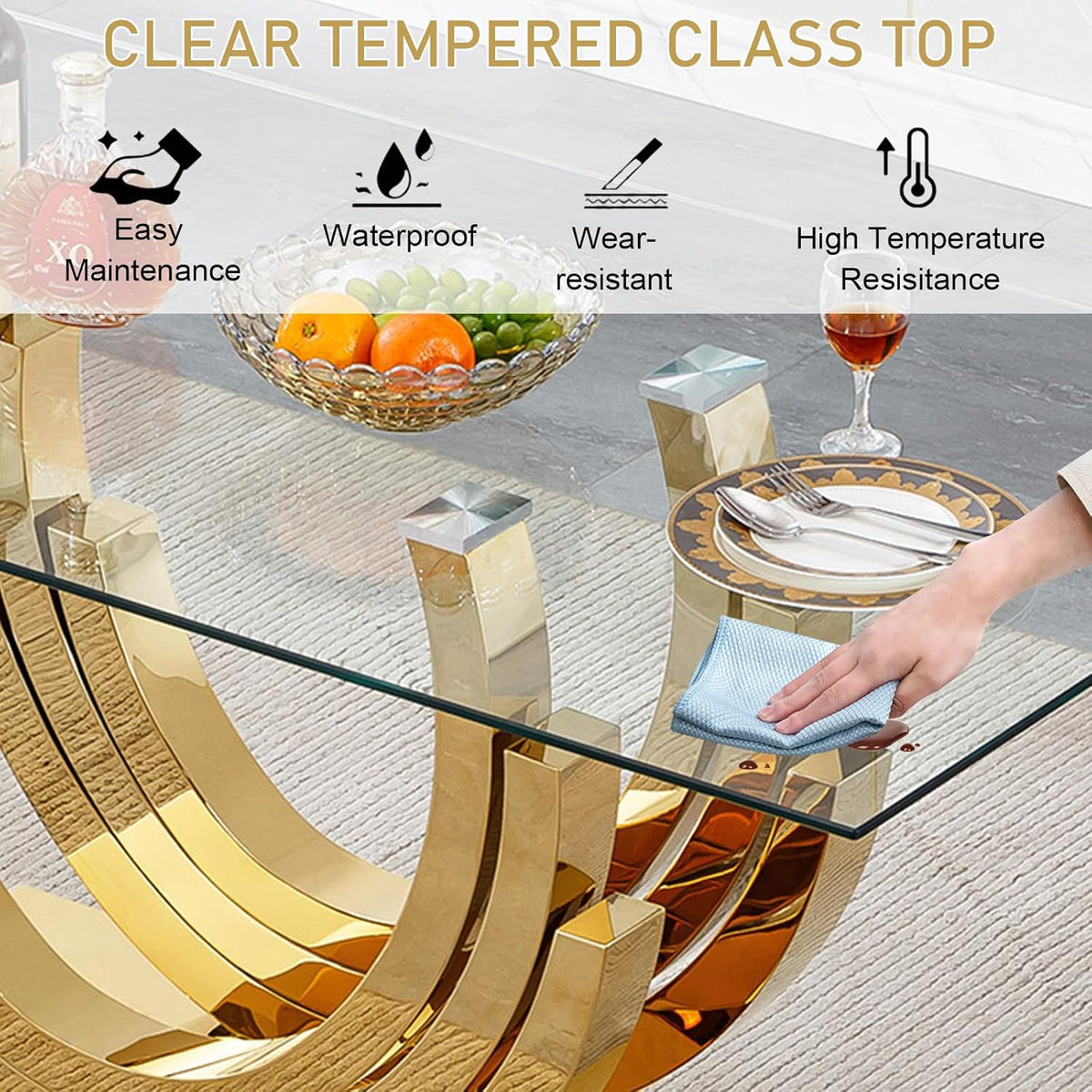 70inch Luxury Dining Table for 4 6, Modern Glass Kitchen Dining Room Table with Gold Mirrored Steel Base,Large Rectangle Tempered Glass Top Dinner Tables for Kitchen, Dining Room