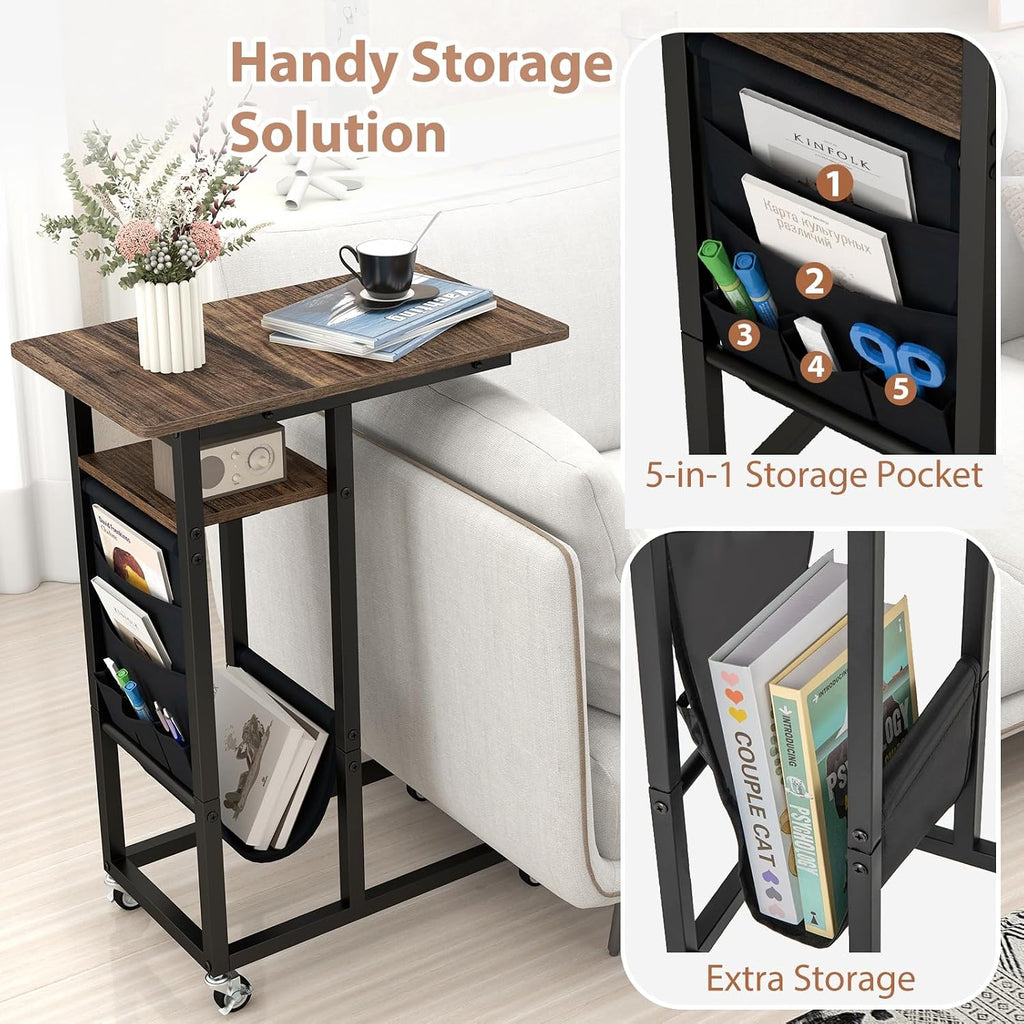 Giantex C Shaped End Table with Charging Station, 27’’H Slide Under Couch Side Table w/Wheels, Outlets & USB Ports, Storage Bag, Small Laptop Sofa TV Tray C Table for Living Room, Rustic Brown