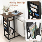 Giantex C Shaped End Table with Charging Station, 27’’H Slide Under Couch Side Table w/Wheels, Outlets & USB Ports, Storage Bag, Small Laptop Sofa TV Tray C Table for Living Room, Rustic Brown