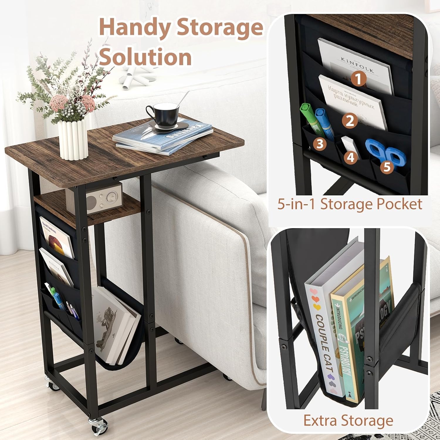 Giantex C Shaped End Table with Charging Station, 27’’H Slide Under Couch Side Table w/Wheels, Outlets & USB Ports, Storage Bag, Small Laptop Sofa TV Tray C Table for Living Room, Rustic Brown