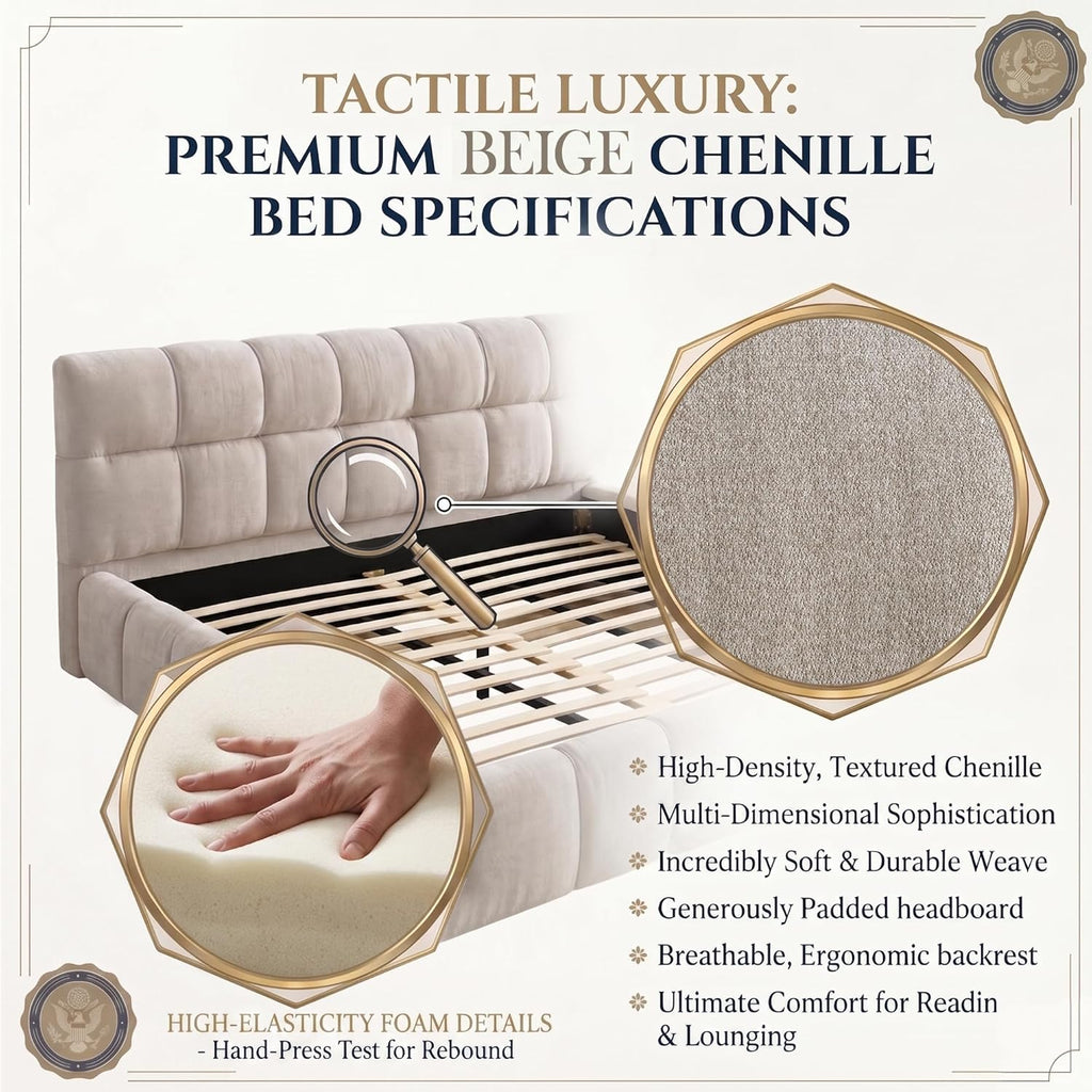 Chenille Fabric Upholstered Platform Bed Frame with Soft Headboard, Modern Low Profile Grounded Design, No Box Spring Needed, Sturdy MDF & Wood Frame, Neutral Style, Beige, Queen
