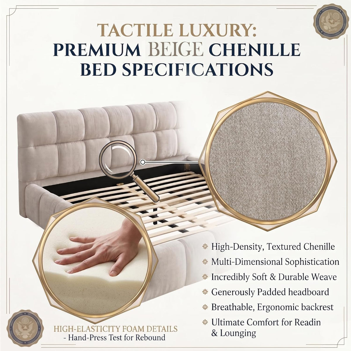 Chenille Fabric Upholstered Platform Bed Frame with Soft Headboard, Modern Low Profile Grounded Design, No Box Spring Needed, Sturdy MDF & Wood Frame, Neutral Style, Beige, Queen