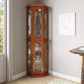 BELLEZE Lighted 3-Side Glass Display Curio Cabinet w/Tempered Glass Doors and Shelves, Accent Wooden Corner Cabinet with Bulb, Corner Storage Decoration Rack for Living Room