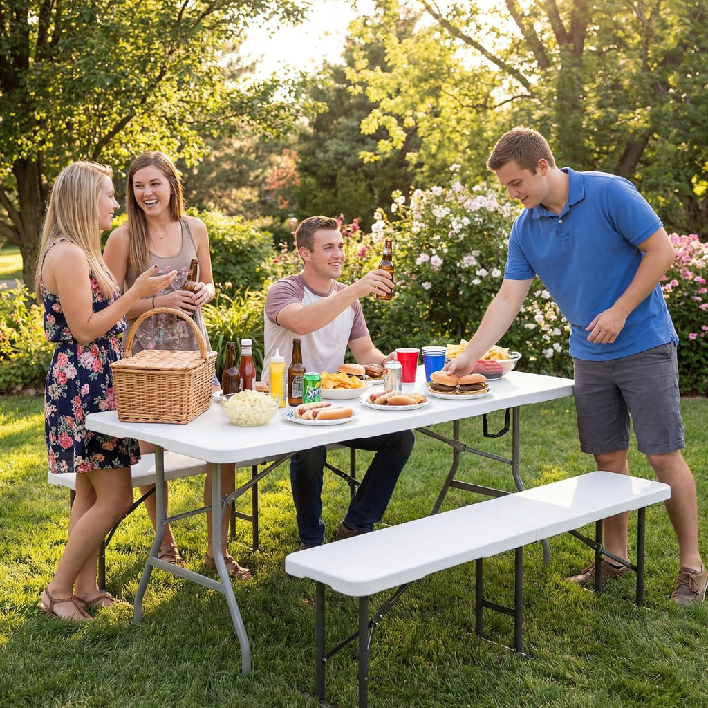 6ft Folding Table, Portable Heavy Duty Plastic Table for Party, White | Fold-in-half Design with Carry Handle,Easy Setup,Compact Storage. Supports 330 lbs for Indoor & Outdoor use,Camping, Picnic