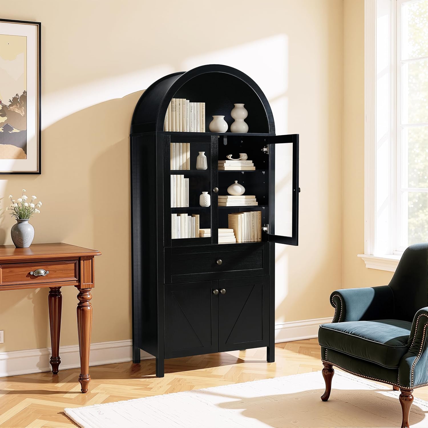 JIJIWANG Dome Kitchen Pantry Storage Cabinet with Doors & Adjustable Shelves,Farmhouse Large Sideboard Buffet with Drawer for Kitchen Living Room,Black