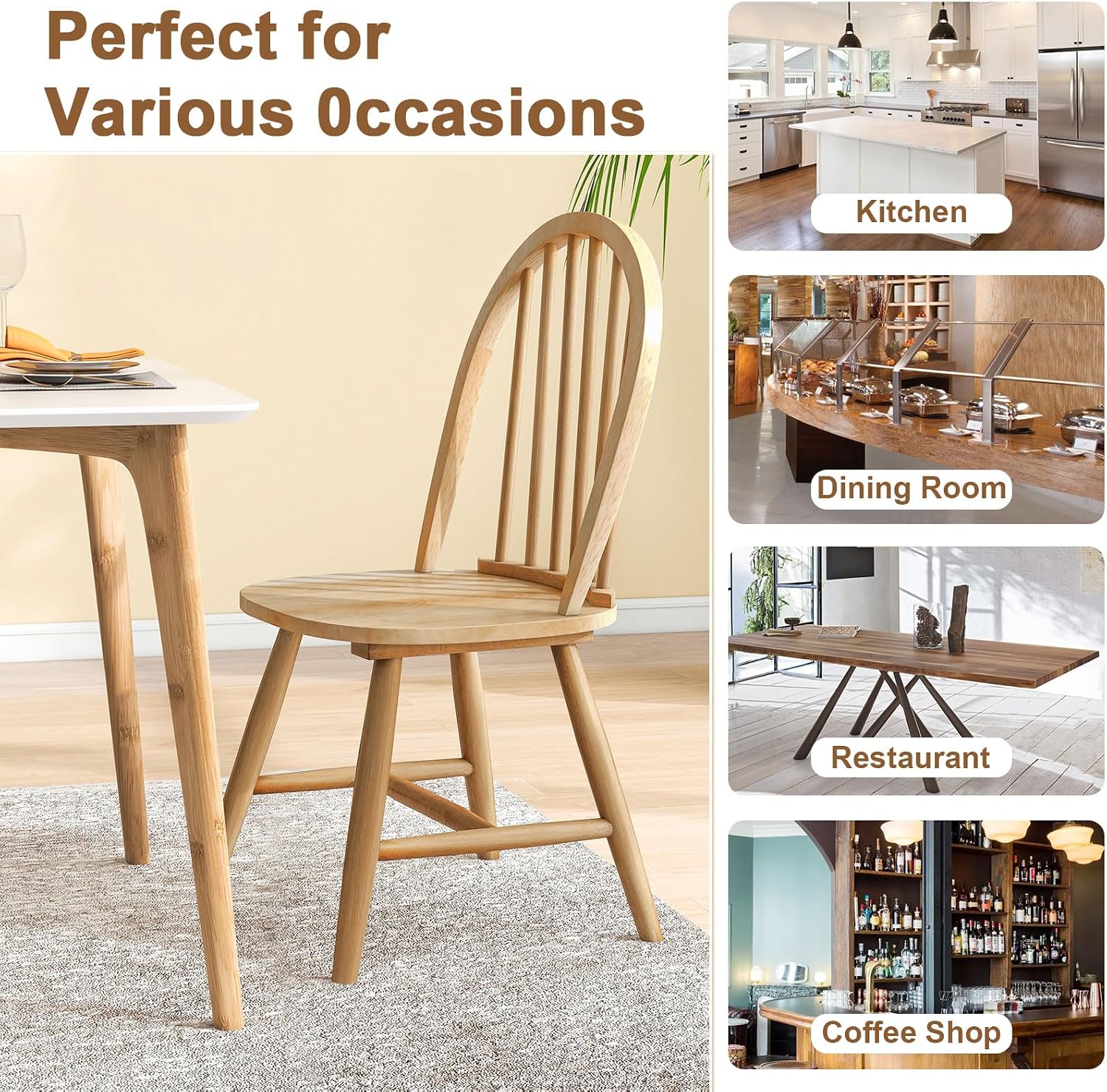18" Oak Dining Chairs Set of 2, Wood Windsor Chair with Spindle Back for Country Farmhouse Kitchen Island