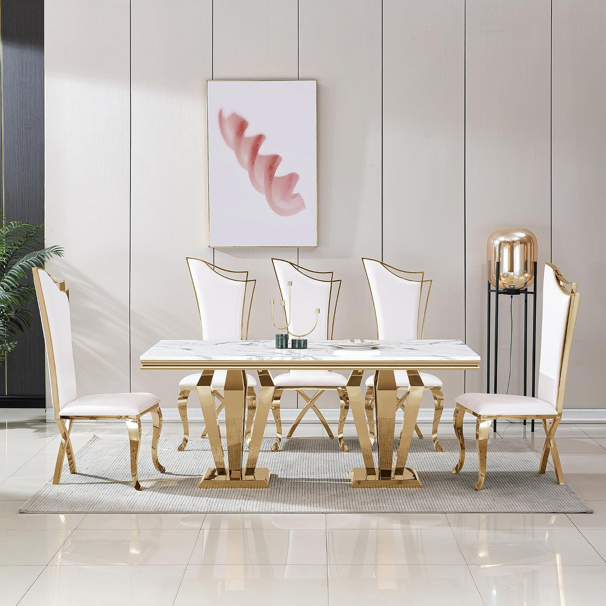 7 Piece Marble Dining Table Set for 6, Luxury Gold Kitchen Table and Chairs Set of 6, 68" White Marble Pedestal Dining Room Table with 6 PU Leather Chairs for Kitchen Dinette Furniture