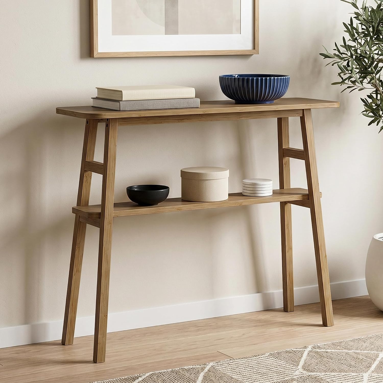 39.4" Solid Bamboo Entryway Console Table, Sofa Table Behind Couch, Narrow Bamboo Wood Entry Hallway Table with Storage Shelves for Living Room, Modern, Easy Assembly, Brown