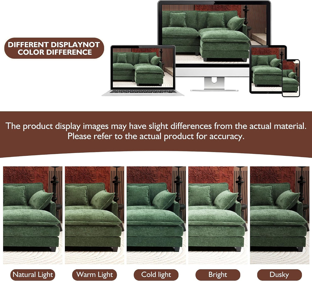 Ihanherry 111.4" L Shaped Modern Sofa Modular Sectional Cloud Couch with Ottoman, 4-Seat Chenille Deep Seat Sofa with Pillow for Living Room, Bedroom and Apartment, Green