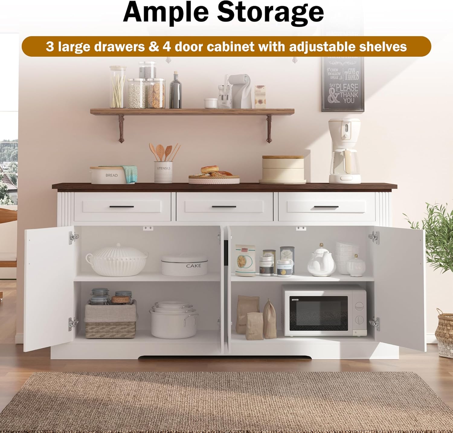 Modern Freestanding Storage Cabinet with Drawers Shelves and Countertop, Buffet Sideboard for Kitchen Living Room Entryway Office Coffee Bar (White-3 Drawer)