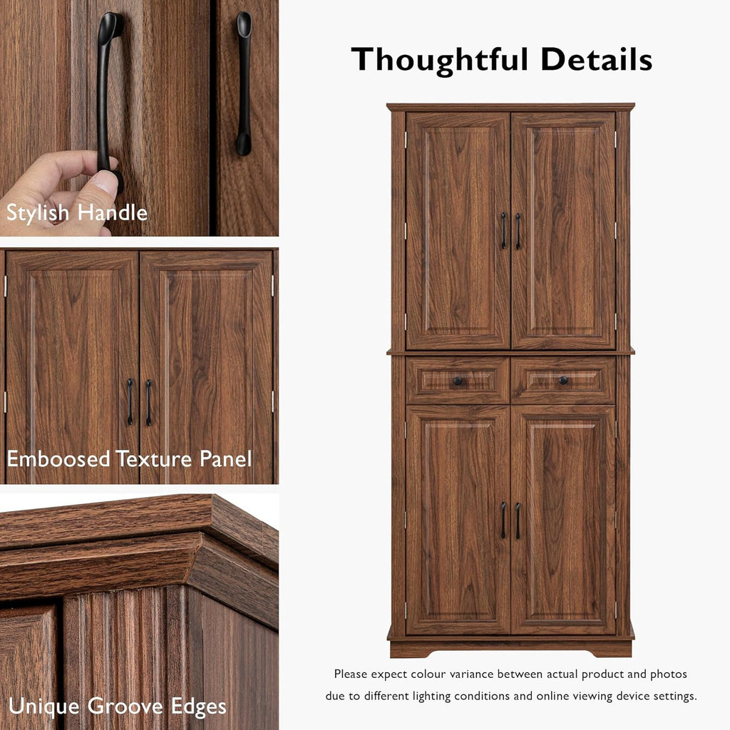 Ball & Cast 71" Farmhouse Kitchen Pantry Cabinet with 3 Pull-Out Organizers, Tall Storage Cabinet with 4 Doors, 2 Drawers, 6 Door Shelves & Adjustable Shelves, Freestanding Cupboard, Rustic Brown