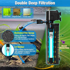 Aquarium U-V Filter 290GPH w/ Scientific Timer for 40-150 Gallon Fish Turtle Tank Internal Filter Bio Sponge Submersible Power Pump w/ Aeration Deodorization Saltwater Freshwater Green Clean Machine