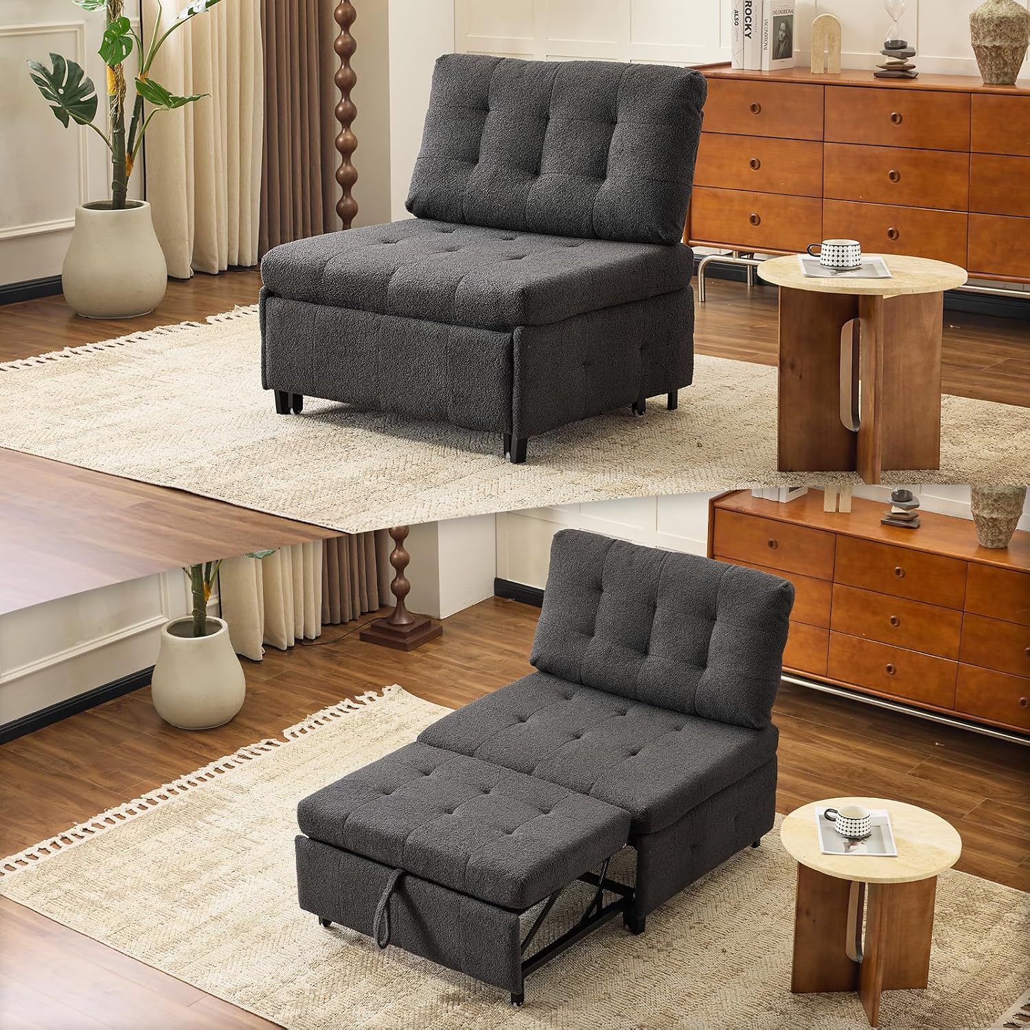 VINGLI Convertible Sofa Bed Tufted Teddy Fleece Sleeper Chair Bed Couch Armless Living Room Chairs with Adjustable Backrest Pull Out Couch Bed for Small Spaces