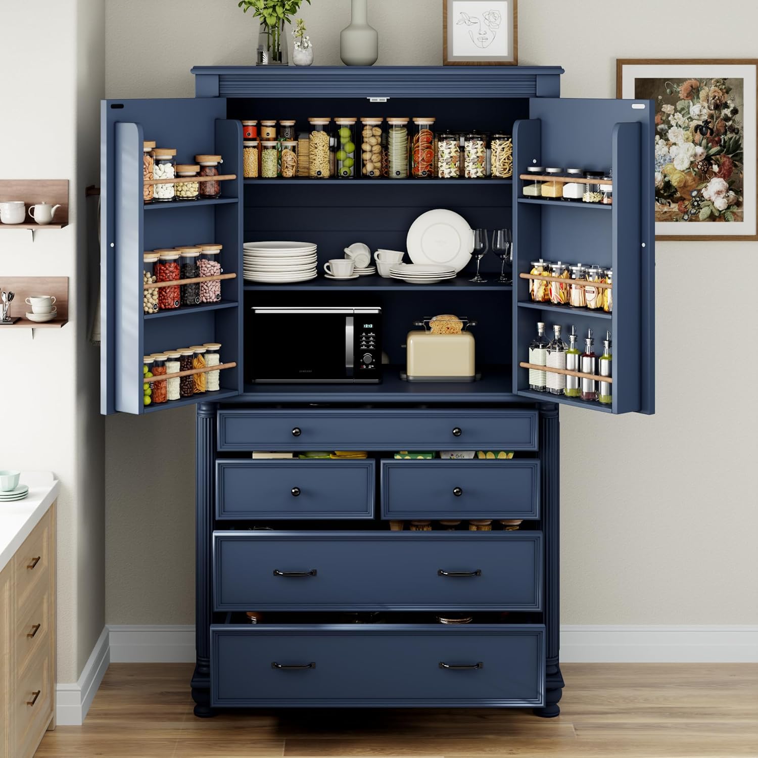 Freestanding Large Kitchen Pantry,Tall Storage Cabinet Cupboard with 6 Door Shelves, 2 Adjustable Shelves and 5 Drawers,for Dining Room Living Room (Blue-g)