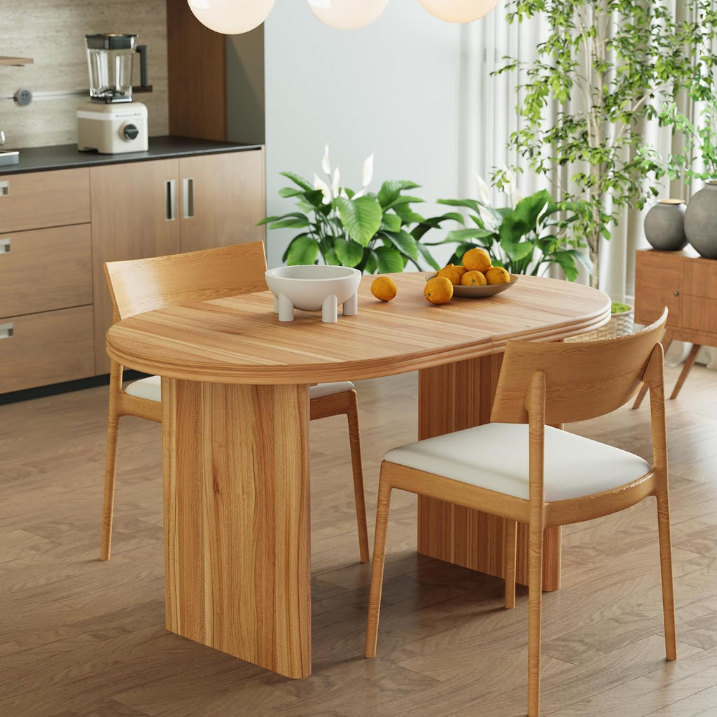 GDFStudio 55.12"-70.87" Farmhouse Extendable Oval Dining Table for 4-6, Modern Solid Wood Kitchen & Dining Table with Removable Leaf Mid-Century Modern Round Dining Tables Space Saving, Natural Walnut