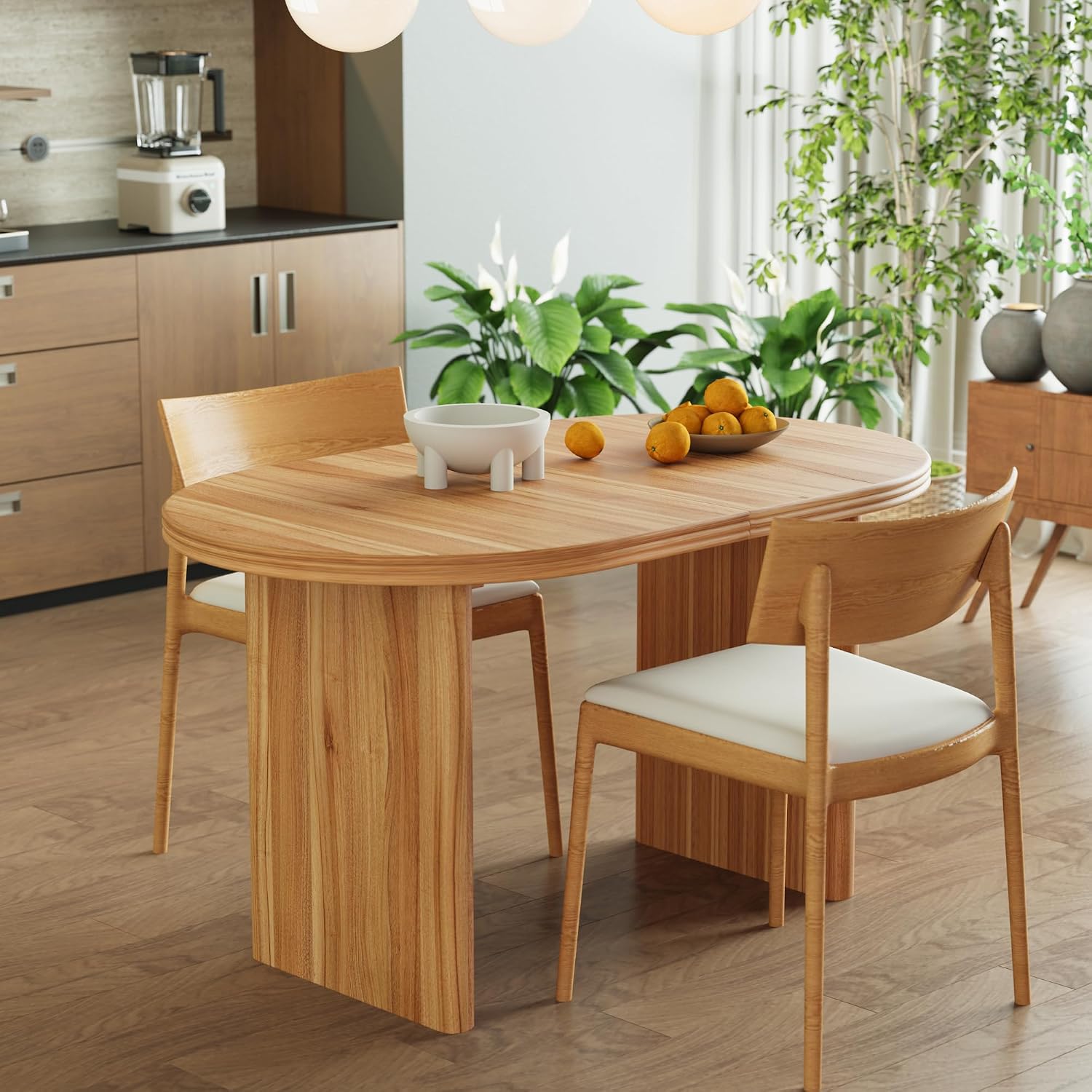 GDFStudio 55.12"-70.87" Farmhouse Extendable Oval Dining Table for 4-6, Modern Solid Wood Kitchen & Dining Table with Removable Leaf Mid-Century Modern Round Dining Tables Space Saving, Natural Walnut