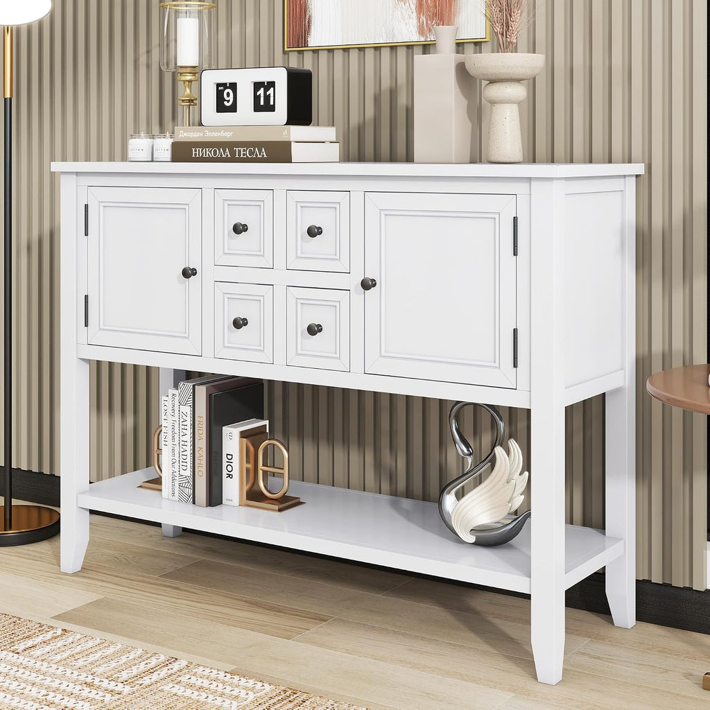 P PURLOVE Console Table Buffet Sideboard Sofa Table with Drawers Cabinets and Bottom Shelf (White)