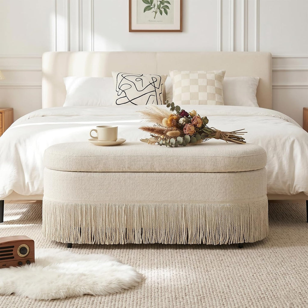 39.4“ Boho Storage Ottoman Bench with Tassels,Upholstered End of Bed Bench | Linen Oval Ottoman with Storage, Entryway Foot Rest for Bedroom, Lift-Top Lid with Safety Hinge, Living Room, Beige