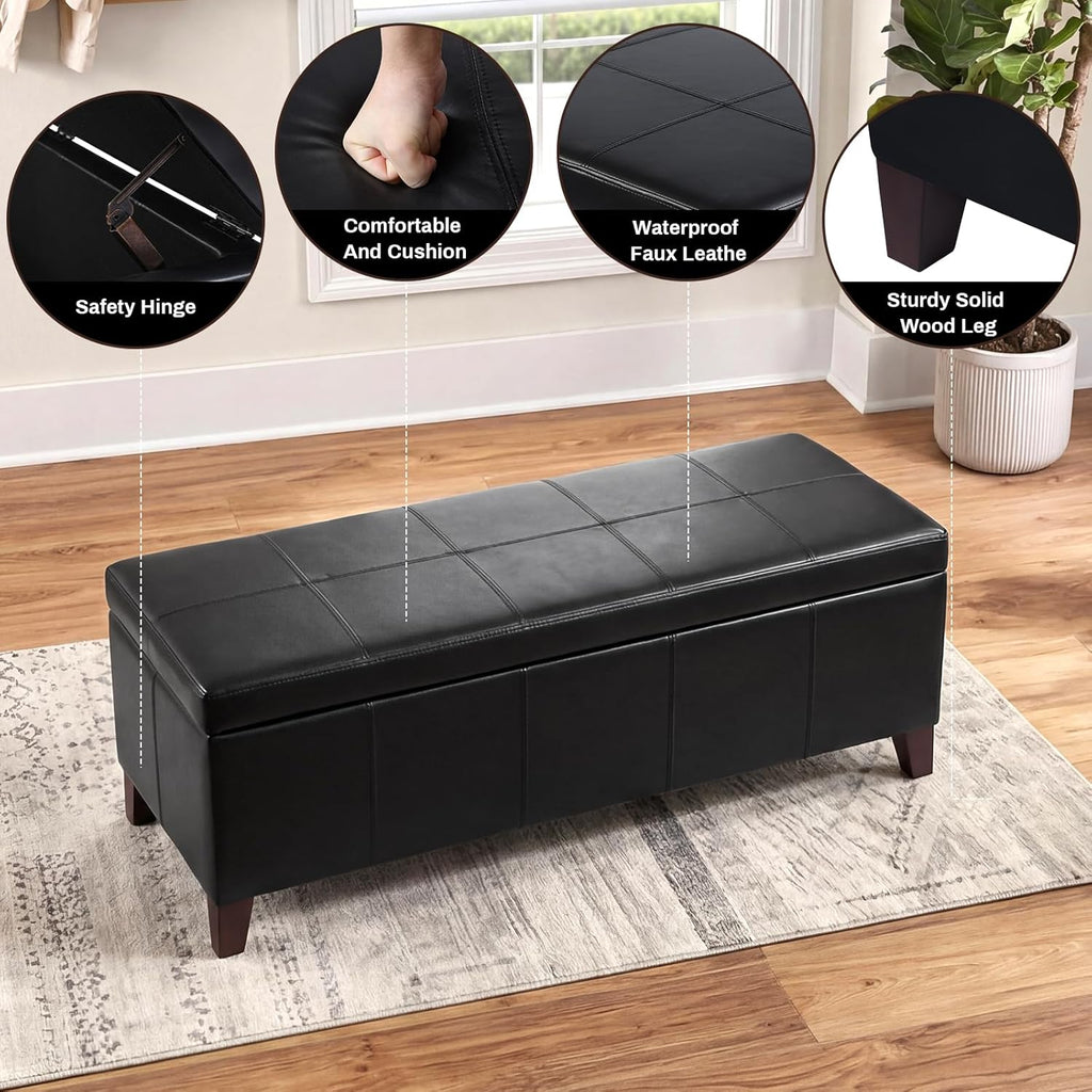 51 Inch Storage Ottoman Bench, Faux Leather Foot Rest with Hinged Lid, Long Rectangle Bed Bench for Living Room, Bedroom, Entryway, Black