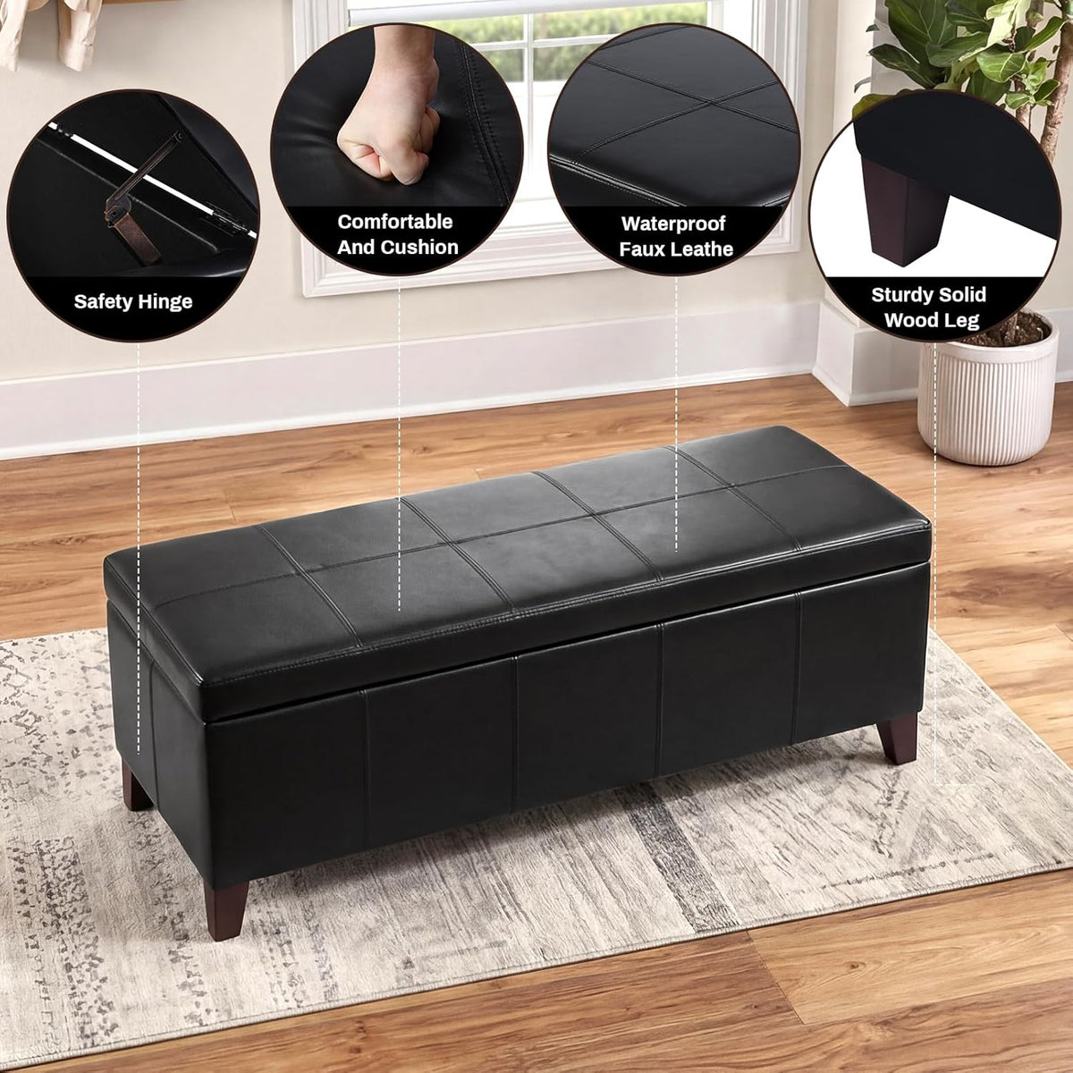 51 Inch Storage Ottoman Bench, Faux Leather Foot Rest with Hinged Lid, Long Rectangle Bed Bench for Living Room, Bedroom, Entryway, Black