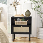 Angel Sar Rattan Night Stand Set 2, Boho Bedside Table Black Nightstand | Storage Cabinet, Open Storage Space & Sturdy Metal Legs, Accent Bed Side Table, Wood End Tables Bedroom