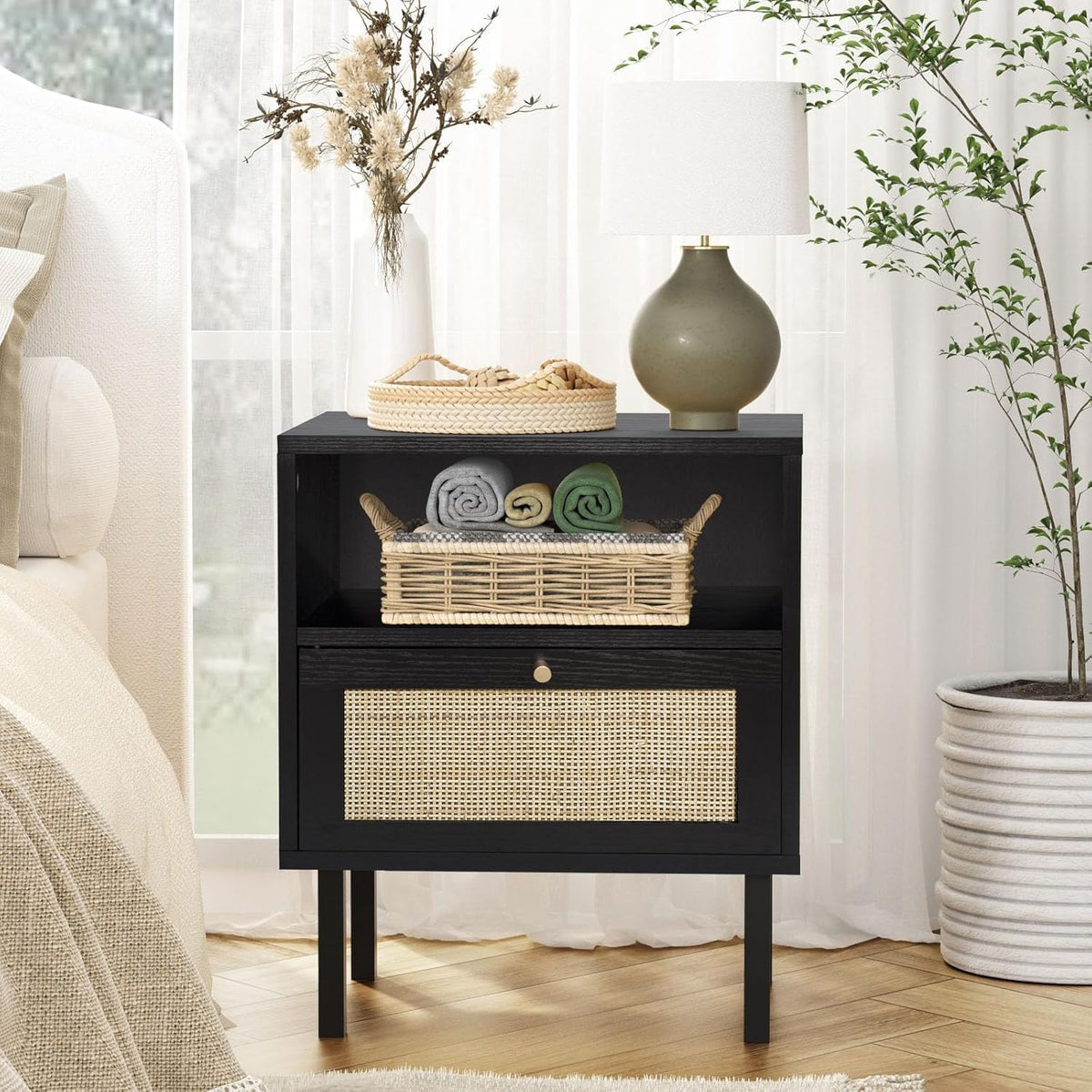 Angel Sar Rattan Night Stand Set 2, Boho Bedside Table Black Nightstand | Storage Cabinet, Open Storage Space & Sturdy Metal Legs, Accent Bed Side Table, Wood End Tables Bedroom