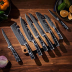 SENKEN 8-Piece Japanese Knife Set with Black Resin Handle and Laser Damascus Pattern - Onyx Collection - Chef's Knife, Santoku Knife, Bread Knife, Paring Knife, & More
