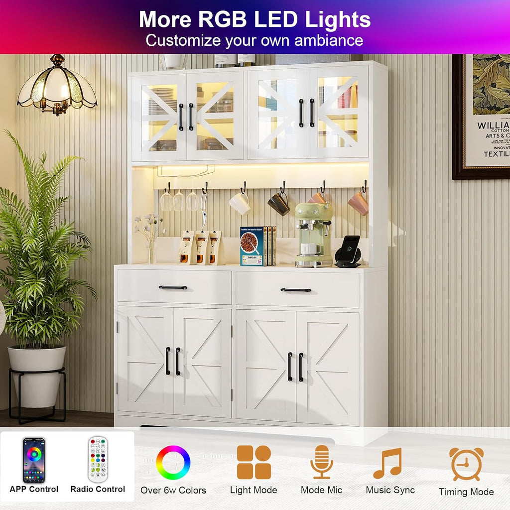 Vipbear 71" Tall Pantry Cabinet, Kitchen Hutch with Power Outlet, Farmhouse Buffet Sideboard with Door Racks, RGB LED Light Coffee Bar Cabinet for Kitchen Storage