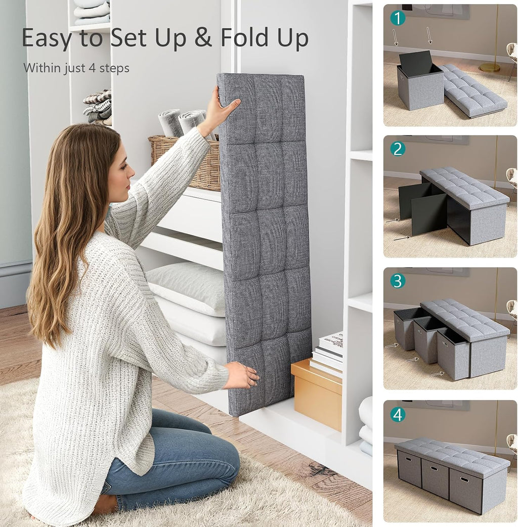 43 Inches Folding Storage Ottoman Bench with Drawers,End of Bed Foot Rest Stool with Padded Seat，Bedroom Bench for Living Room,Bedroom,Support 660lbs,Grey