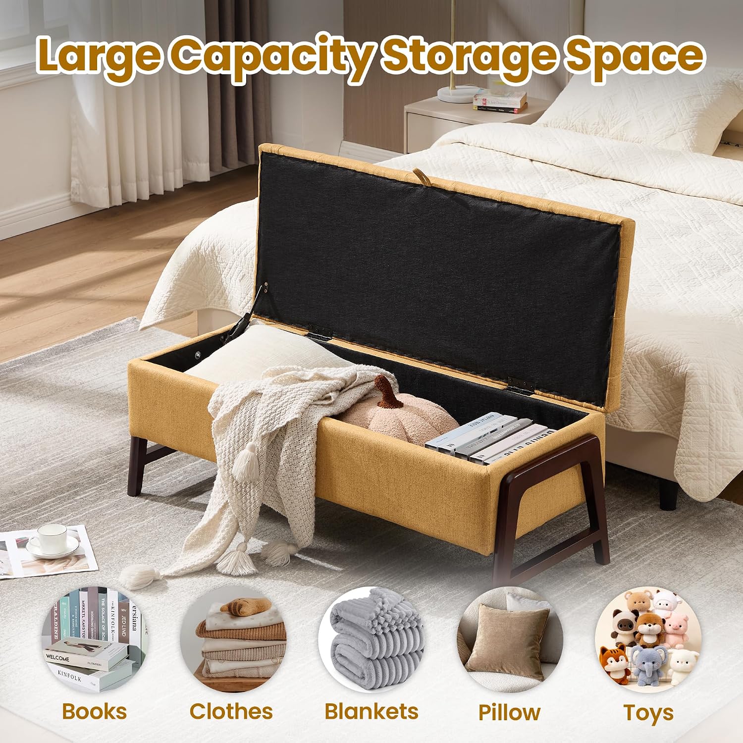 48" Ottoman with Storage,Storage Ottoman Bench with Hinge, Upholstered Entryway Bench with Seating for Bedroom, Living Room,Yellow