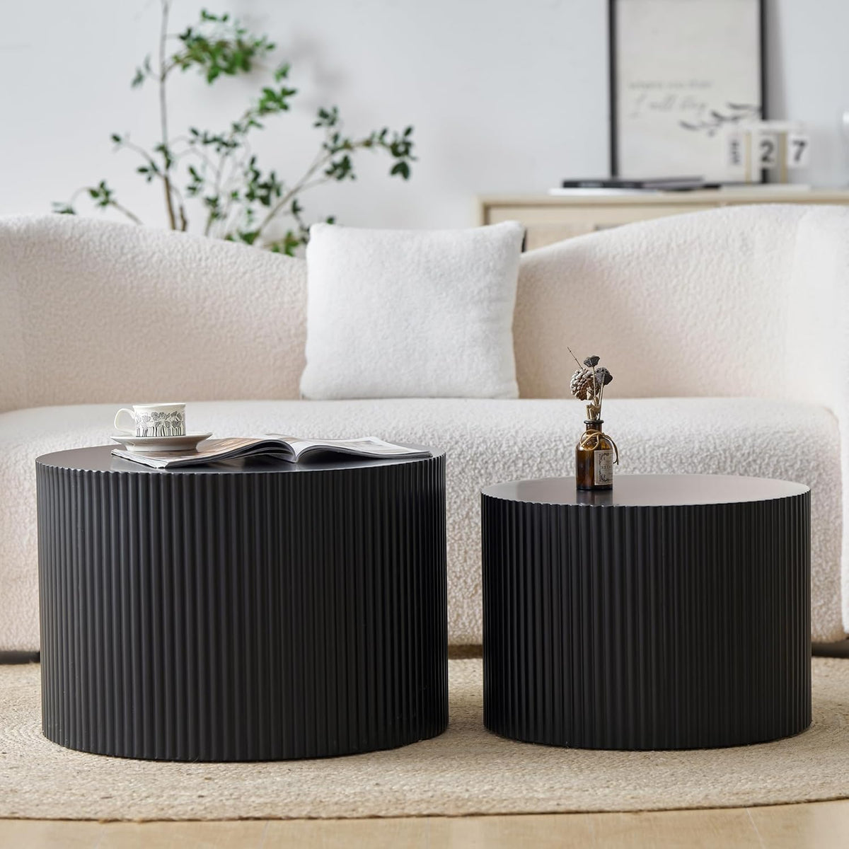 Nesting Coffee Table Set of 2, Modern Drum Side End Wave Stripe Round Coffee Table for Living Room, Bedroom, Black