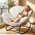 Oversized Outdoor Rocking Chair, Papasan Rocking Egg Chair with Thick Cushion, Metal Frame, Indoor Cozy Rocker for Patio, Balcony, Living Room, Beige