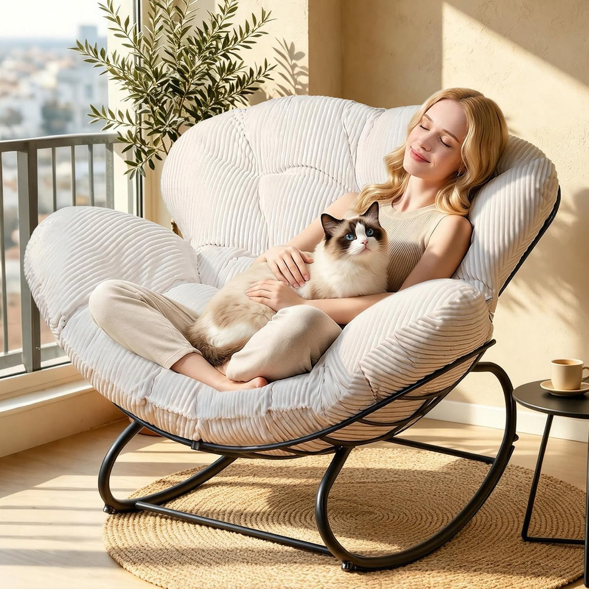 Oversized Outdoor Rocking Chair, Papasan Rocking Egg Chair with Thick Cushion, Metal Frame, Indoor Cozy Rocker for Patio, Balcony, Living Room, Beige
