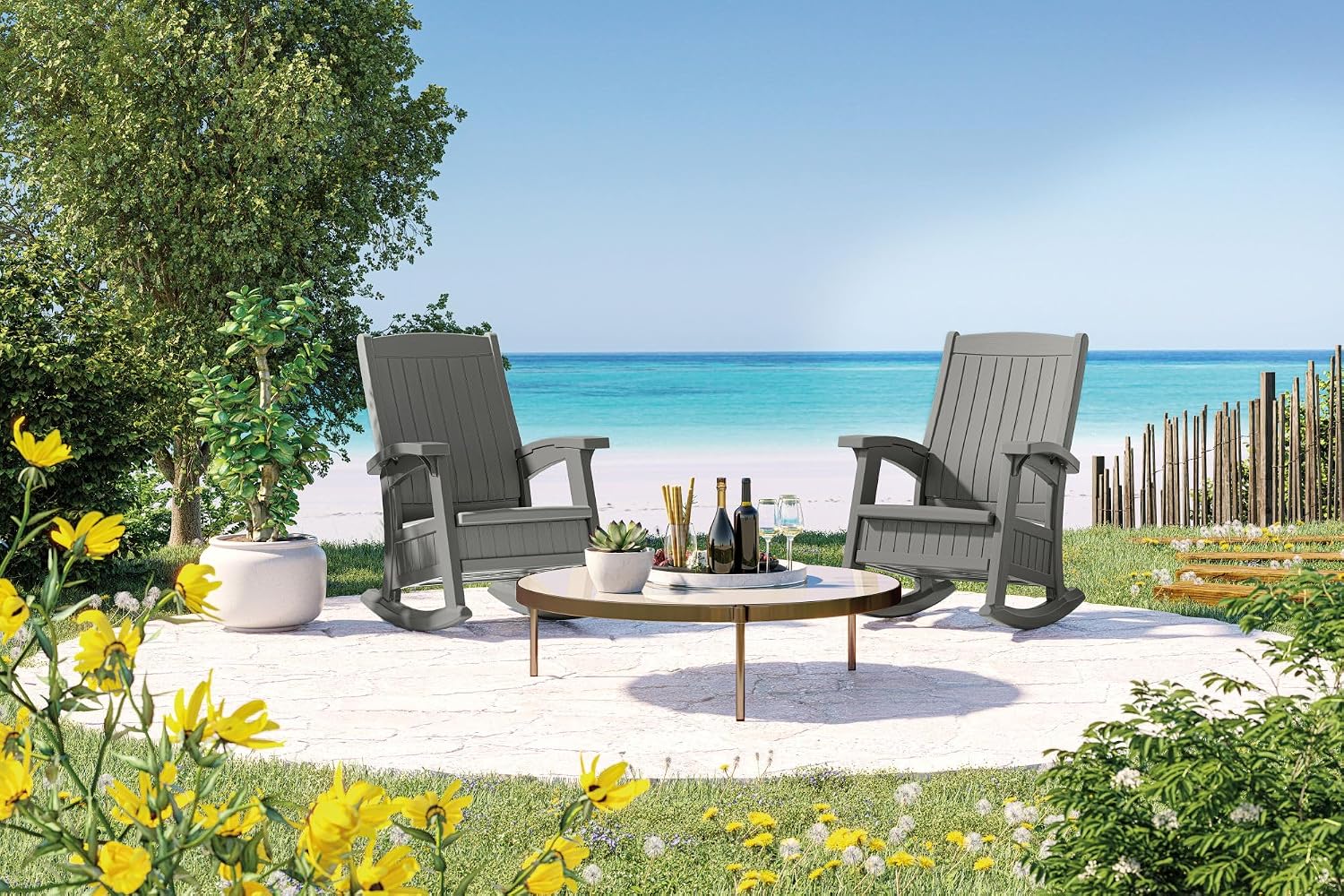 Suncast Outdoor Patio Rocking Chair with Under-Seat Storage, Stylish Faux Wood Outdoor Rocker for Patios, Dove Gray, Made in the USA