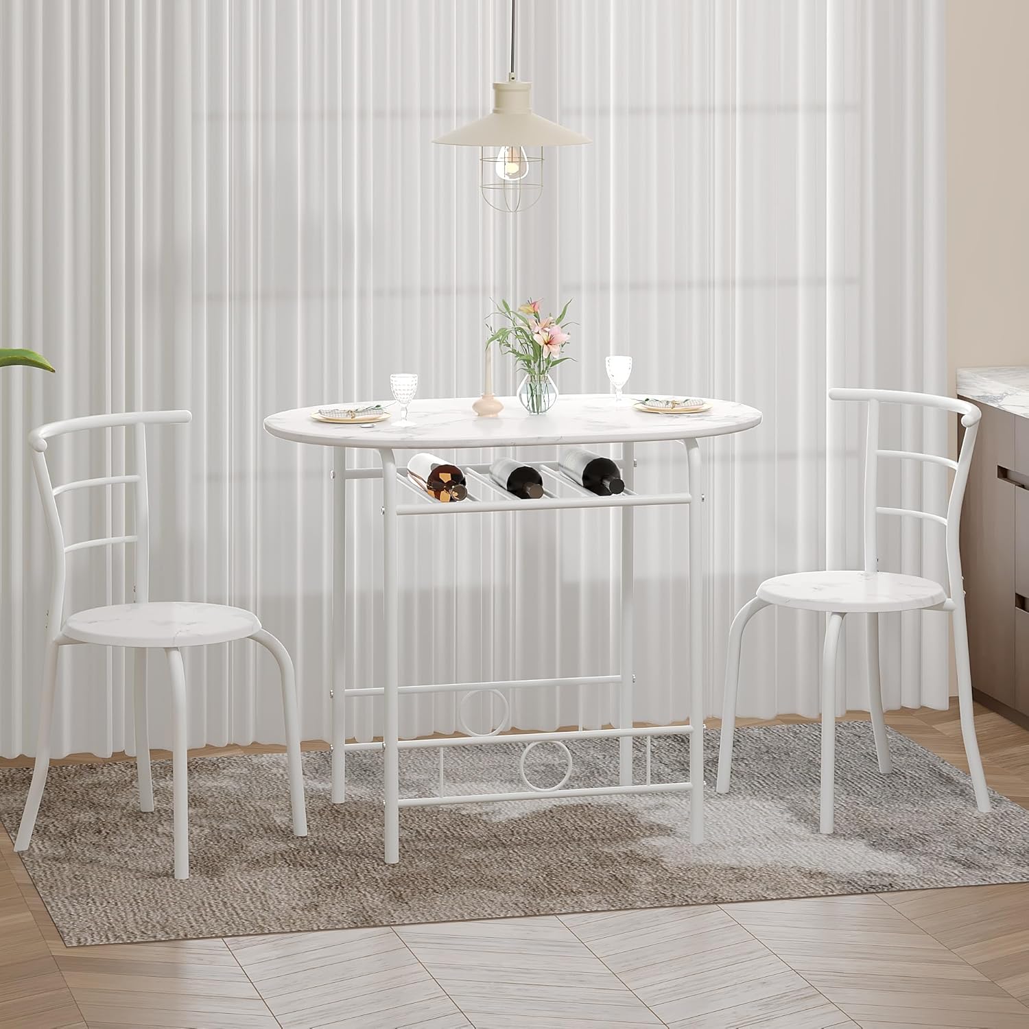 VECELO 3-Piece Dining Table Set for Kitchen Breakfast Nook, Faux Marbled Oval Tabletop and Metal Frame with Built-in Wine Rack, for Small Spaces, White