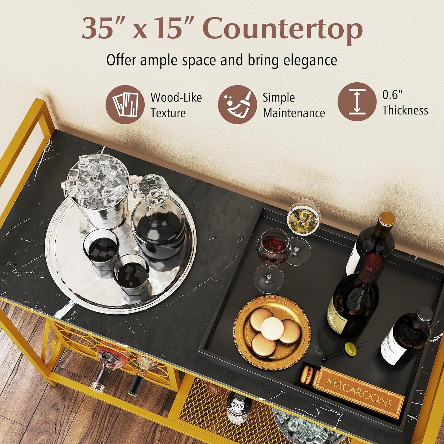 GOFLAME 21 Bottle Wine Rack, Freestanding Floor Wine Bottle Organizer w/Glass Holder & Wooden Countertop, Metal Frame Rustic Liquor Stand with Storage Shelf for Kitchen, Dining Room (Golden & Black)