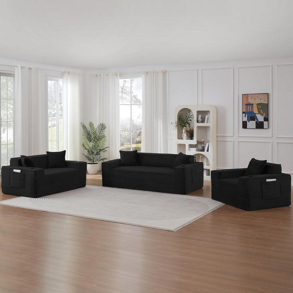 Sectional Sofa 3 Piece Set with Cup Holders & Side Pockets, Modern Corduroy Fabric Deep Seat Cloud Couch Living Room, Office, No Assembly (Black)