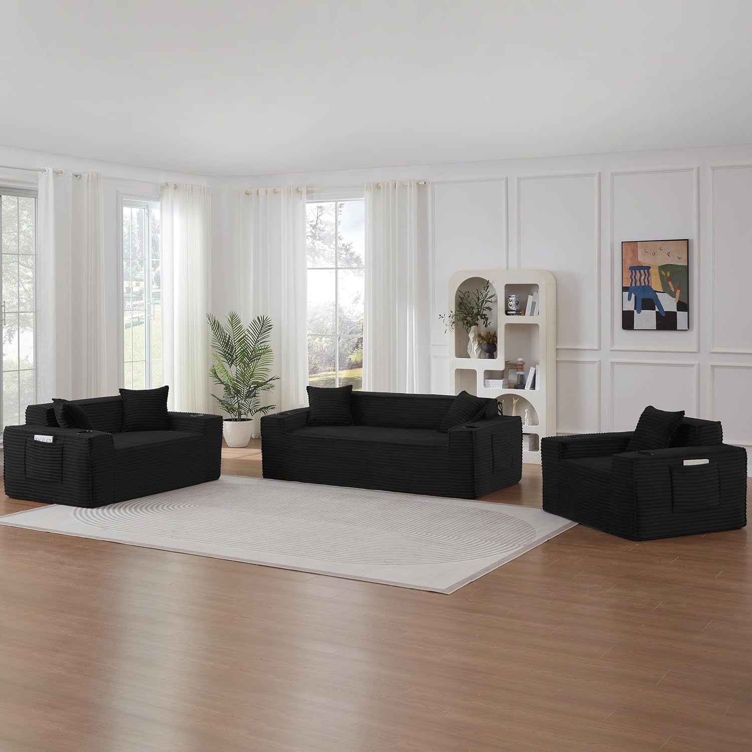 Sectional Sofa 3 Piece Set with Cup Holders & Side Pockets, Modern Corduroy Fabric Deep Seat Cloud Couch Living Room, Office, No Assembly (Black)