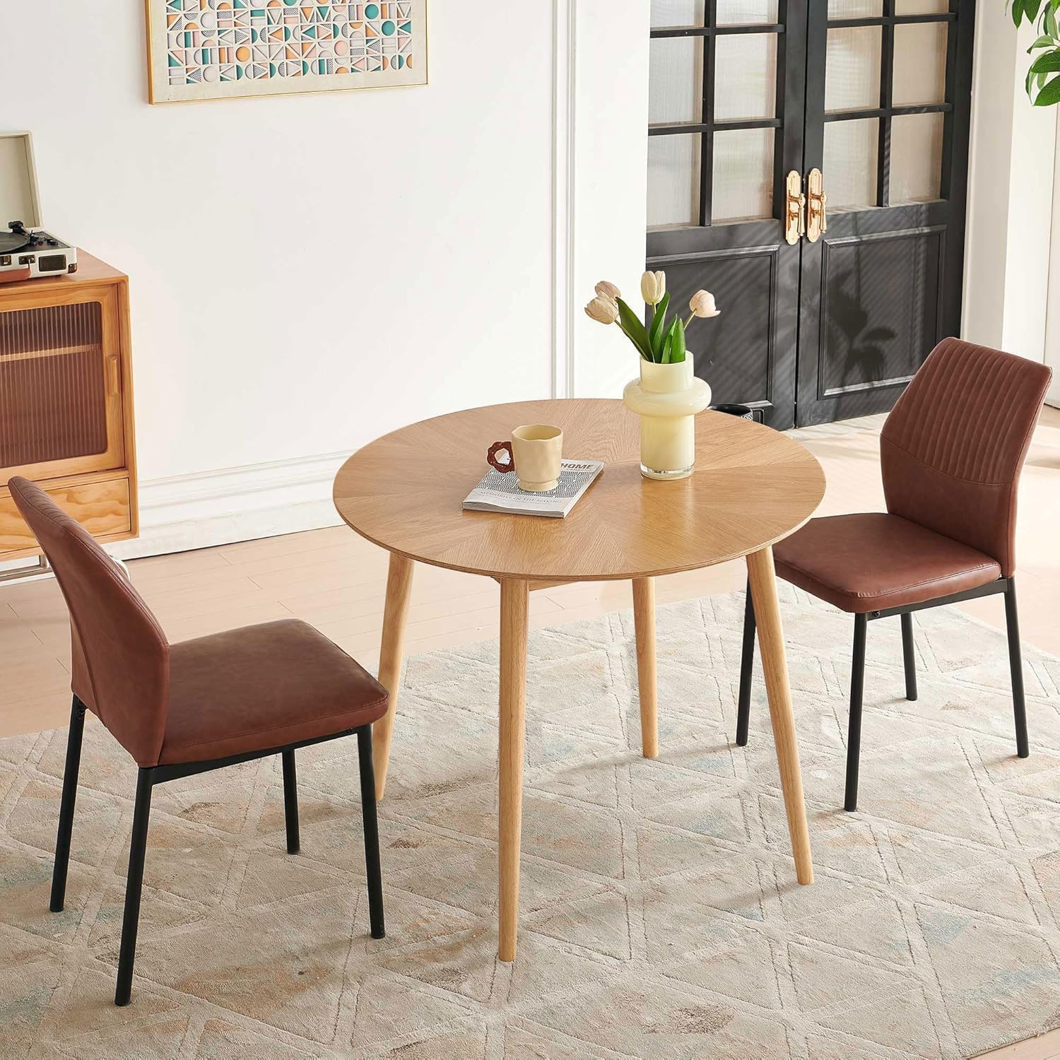 Round Dining Table for 2-4, Mid Century Modern 35 Inch Round Kitchen Table, Space Saving Small Dining Table with Oak Wood Veneer Tabletop and Solid Wood Legs for Dining Room, Living Room