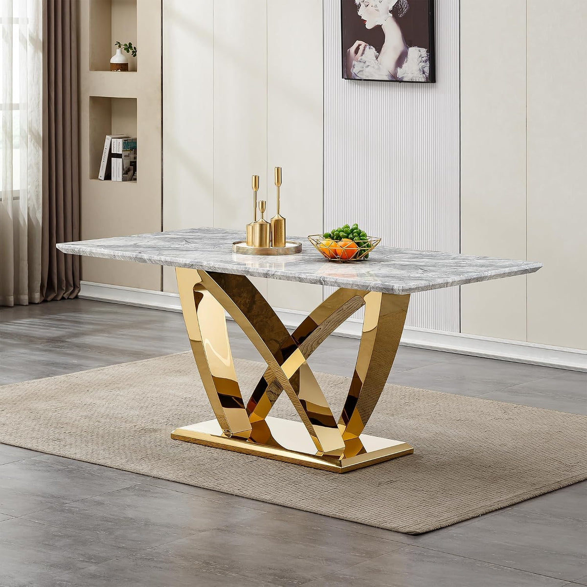 Modern Dining Table 70" Rectangular Kitchen Table with Imitation Marble Grain MDF Wooden Top & Iniregular Gold Base,Faux Marble Dinner Furniture for Kitchen Dining Room/Meeting Room