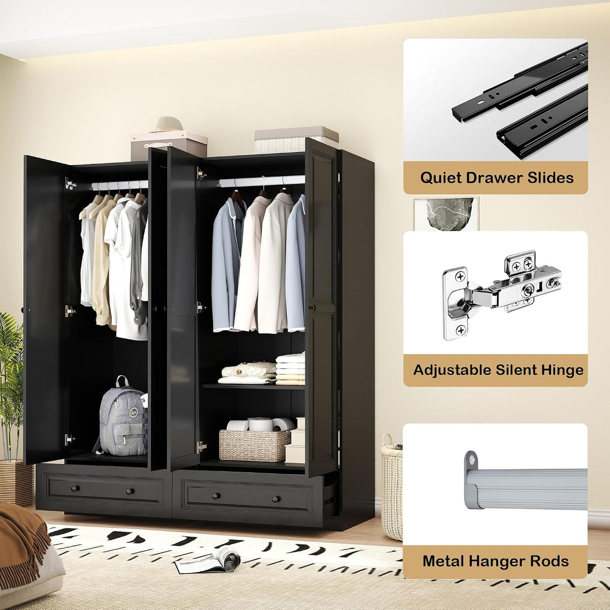 Armoire Wardrobe Closet with Drawer: Bedroom Wardrobe Closet for Hanging Clothes, Wood Cabinet for Clothes with Doors, Armoire with Shelves (Black, 63")