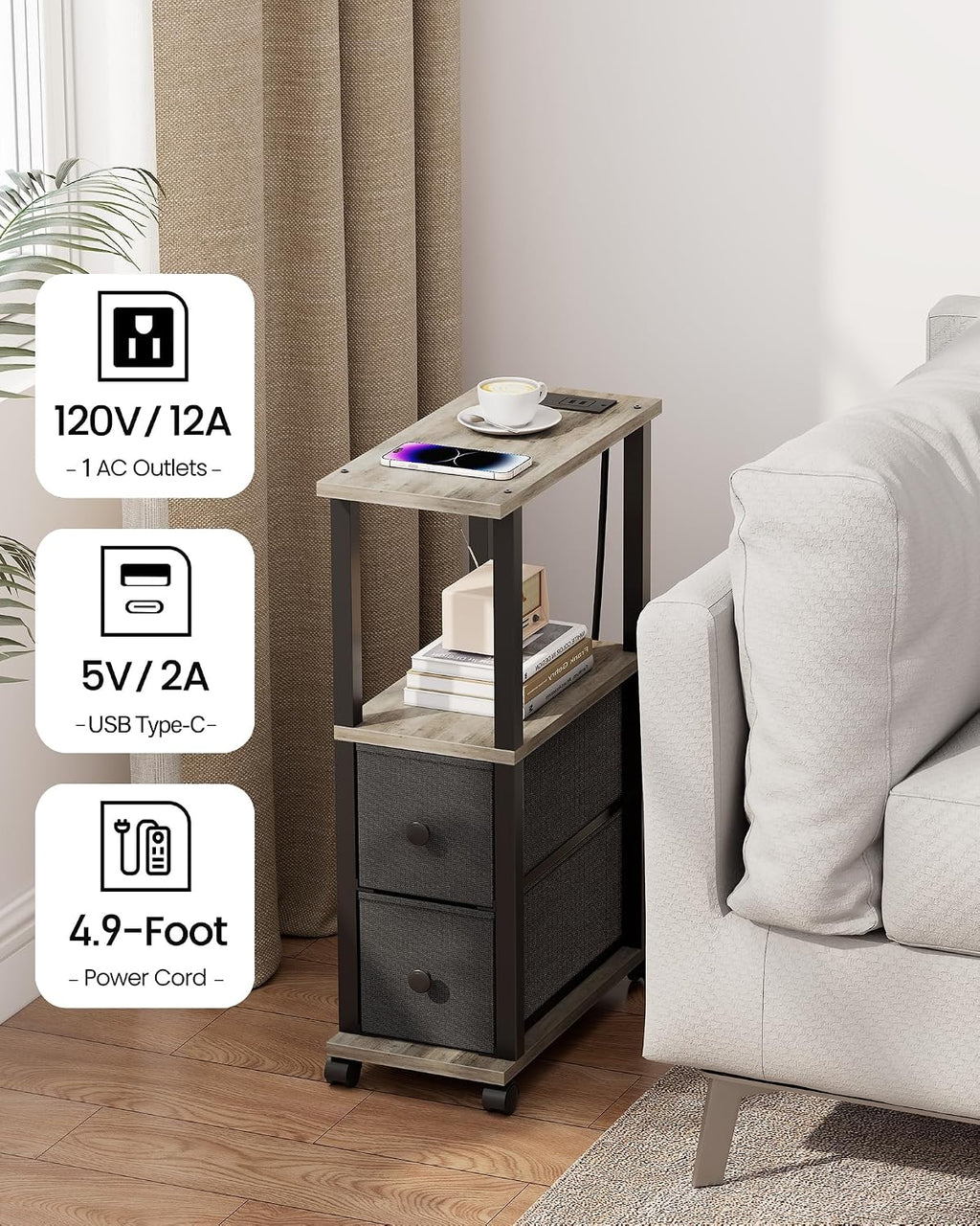 TUTOTAK Small Narrow End Tables, LED Side Tables with 2 Fabric Drawers, Set of 2, Bedside Tables with Charging Station for Small Spaces, Slim Nightstands with USB Ports and Wheels, TB01BG053L