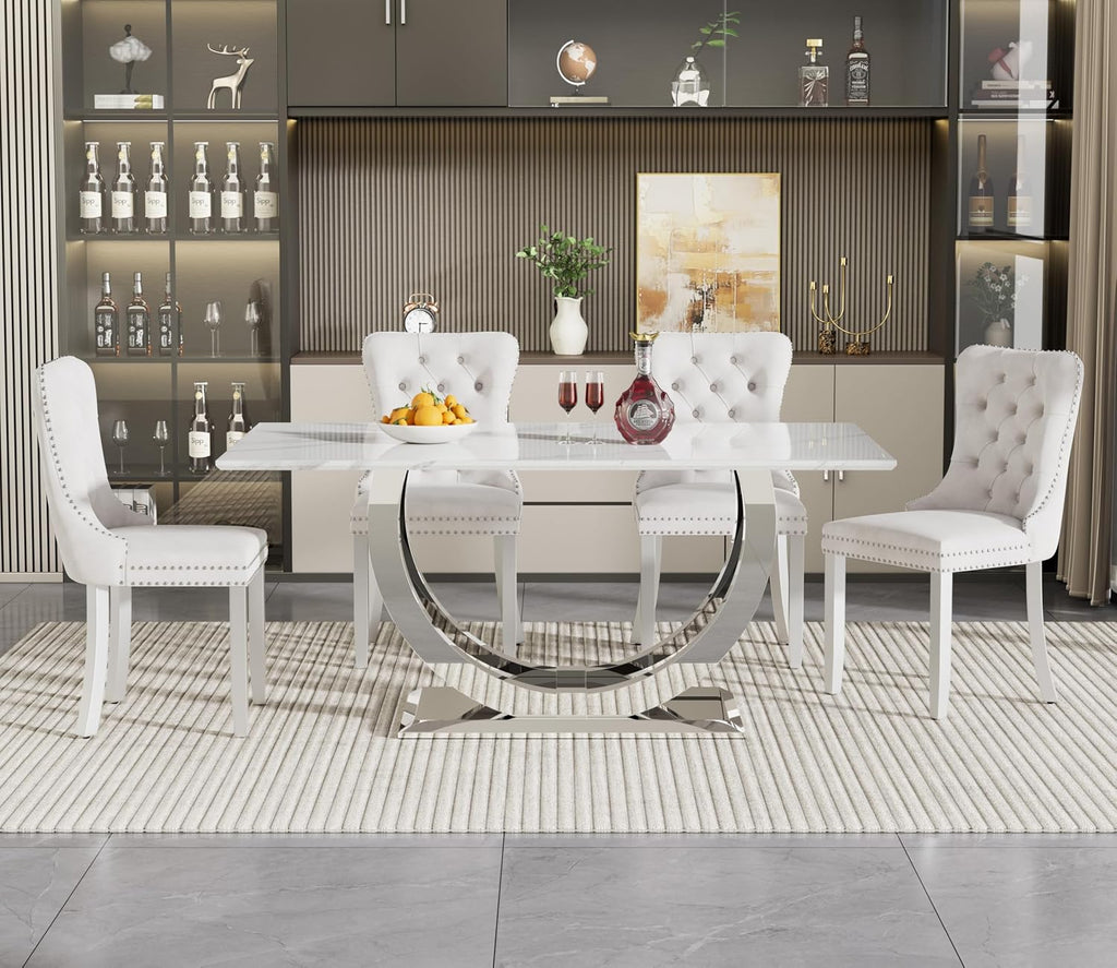 SSLine Modern White Marble Dining Table Set for 4,Luxury 69" Faux Marble Kitchen Table with Velvet Tufted Chairs for 4,5-Piece Dining Room Table Set with Silver Stainless Steel U-Shape Base