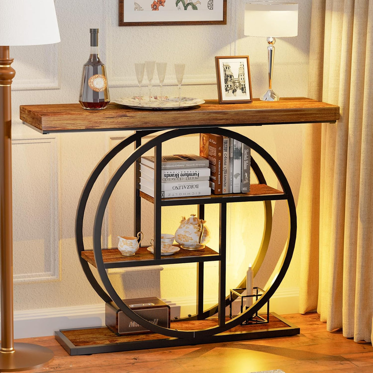 RANXFLOAT Console Tables for Entryway, 4-Tier Industrial Narrow Wood Sofa Table, Entryway Table with Storage Shelves for Living Room (Without Outlet & LED)