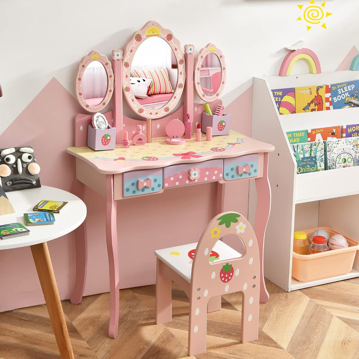 Costzon Kids Vanity Table & Chair Set, 2 in 1 Princess Makeup Dressing Table w/Detachable Top, Toddler Vanity w/Tri-fold Mirror, Drawers & Accessories, Vanity Set for Little Girls, Pink