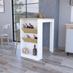 Wine Storage Pedestal Kitchen Island White and Macadamia | Three-tier design with dedicated wine display shelves