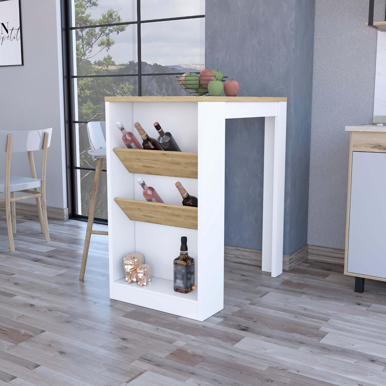 Wine Storage Pedestal Kitchen Island White and Macadamia | Three-tier design with dedicated wine display shelves