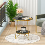 Tribesigns Faux Marble End Table, 2 Tier Round Side Table with Shelves, Modern Black Nightstand Bedside Table Small Coffee Accent Table for Living Room Bedroom, Black and Gold
