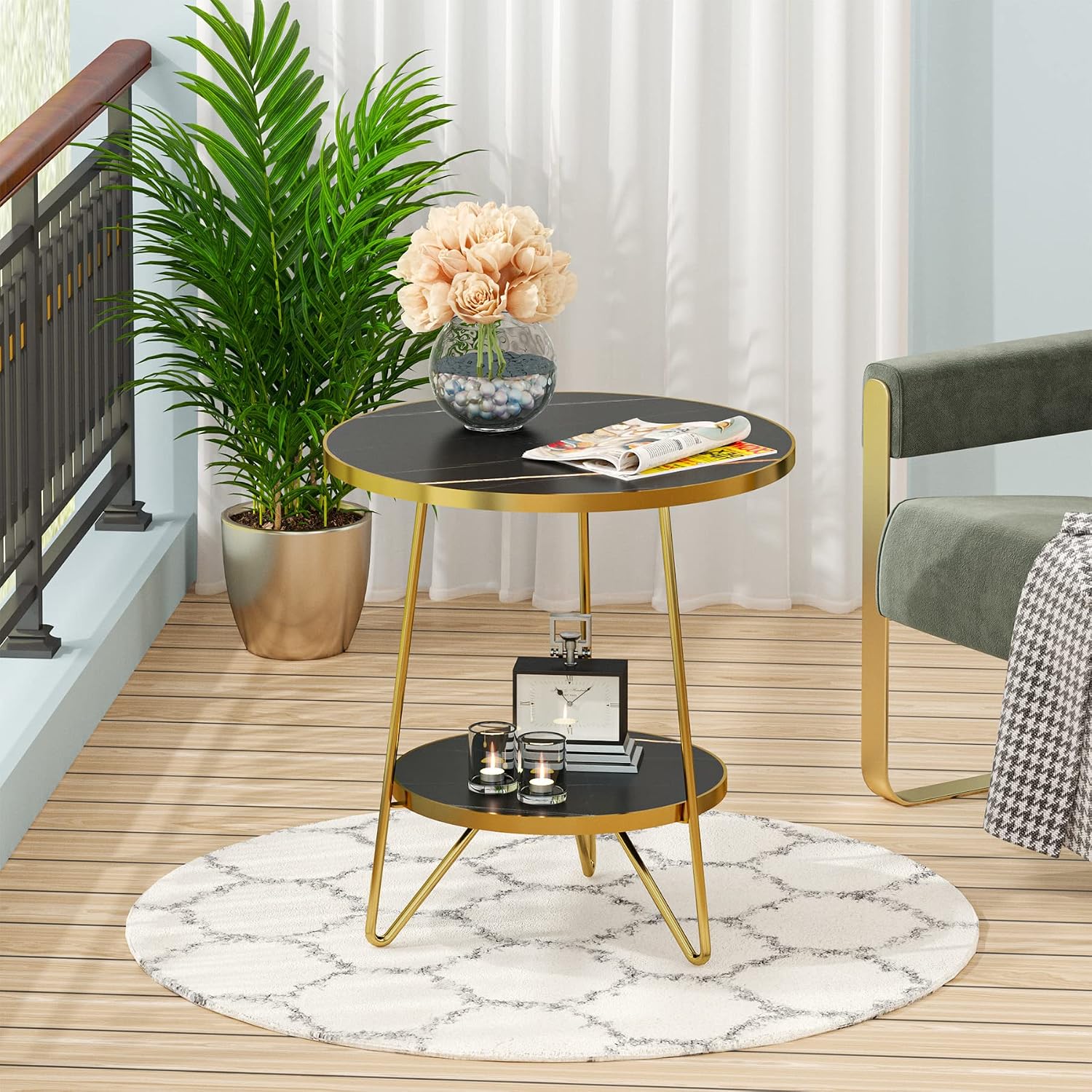 Tribesigns Faux Marble End Table, 2 Tier Round Side Table with Shelves, Modern Black Nightstand Bedside Table Small Coffee Accent Table for Living Room Bedroom, Black and Gold